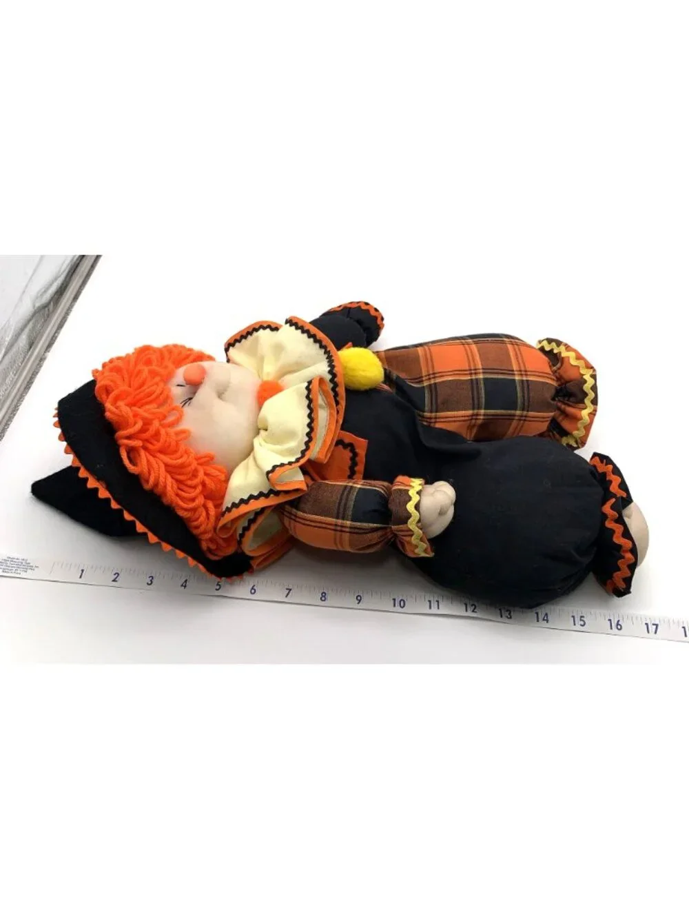 Vintage Halloween Witch Soft Doll With Orange Plaid & Black Outfit Yarn Hair 16